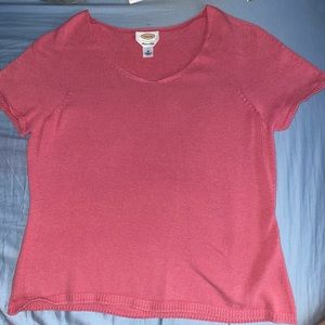 Short sleeve, sweater material, and rose pink shirt.